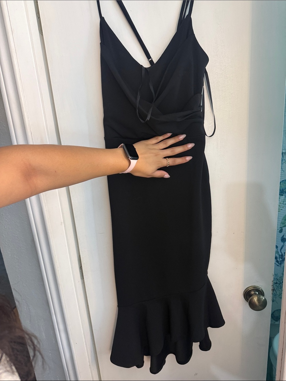 bebe Black Midi Spaghetti-Strap Ruffle-Hem Dress